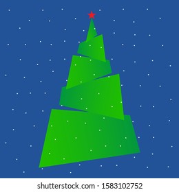 Modern 3D Christmas New Year tree with a star on a blue background with snowflakes. Vector illustration.