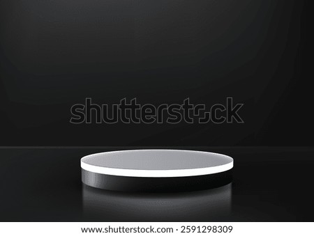 modern 3d circular illuminated platform on a dark surface, featuring a white top and black base with a glowing ring, perfect for product display, mockups, or futuristic showroom concepts