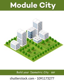 Modern 3D city isometric three-dimensional infographic option banner with colorful isometric city for the business conceptual graphs and diagrams, including skyscrapers, homes and stores with streets
