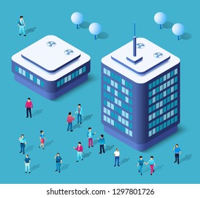 Banner moderno 3D de la opción infográfica 3D de la ciudad isométrica, con colorida ciudad isométrica, para gráficos conceptuales de negocios y diagramas, incluyendo rascacielos, casas y tiendas con calles