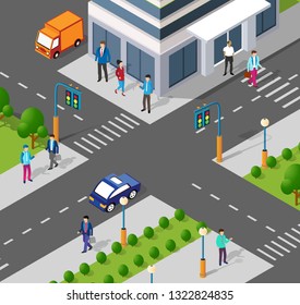 Modern 3D city isometric three-dimensional infographic option banner with colorful isometric city for the business conceptual graphs and diagrams, including skyscrapers, homes and stores with streets