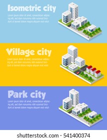 Modern 3D city isometric three-dimensional infographic option banner with colorful  for the business conceptual graphs and diagrams, including skyscrapers, homes and stores with streets