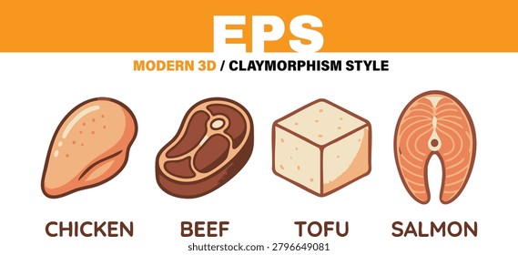 Modern 3D Claymorphism Style Protein Food Vector Illustrations: Chicken, Beef, Tofu, and Salmon Icons for Nutrition and Healthy Eating Designs. This professional EPS vector set features high-quality, stylized food items including chicken breast, marbled beef steak, plant-based tofu, and fresh salmon fillet. Ideal for fitness apps, recipe blogs, restaurant menus, and dietary infographics, these trendy 3D-effect graphics bring a contemporary feel to any culinary or health-related project. Soft shapes and vibrant colors make these versatile icons perfect for both web and print applications.