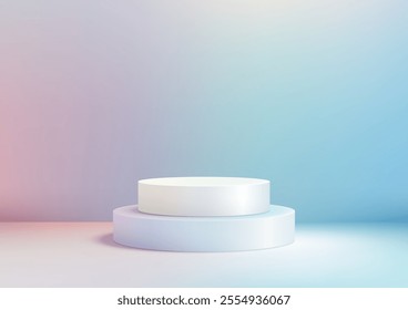 Modern 3D of clean white two tiered podium on a gradient background. Showcasing products, branding designs, and elegant mockups in a minimalistic and stylish presentation