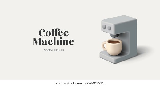 Moderna máquina de café 3D com uma xícara de café aromático. Imagem minimalista para conceitos de aparelhos elétricos para casa, empresa. Ilustração vetorial.