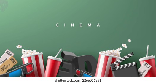 Modern 3d composition of elements for watching and advertising movies. 3D glasses, popcorn, tickets, drink. Lower placement of objects on a green background.