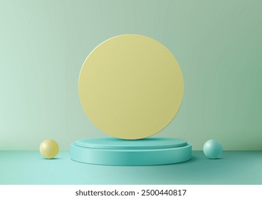 Modern 3D Composition with Light Blue Platform, Floating Yellow Circle Backdrop, and Geometric Spheres in Minimalist Design