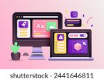 Modern 3d concept of graphic design process. Icons of graphic designer items and tools. 3d vector illustration