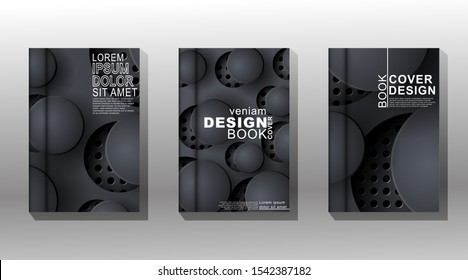 Diseño moderno de cubierta 3D con formas de círculo gris y patrones de círculo negro como fondos superpuestos