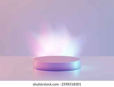 modern 3d cylindrical pedestal in pastel purple with a soft glowing effect, set against a blurred light violet background and smoke texture, product display mockups and ethereal presentations