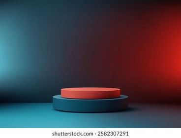 Modern 3d cylindrical podium with vibrant orange and deep blue tones, set against a dramatic dark teal and fiery red background, product displays, showrooms, and creative presentations