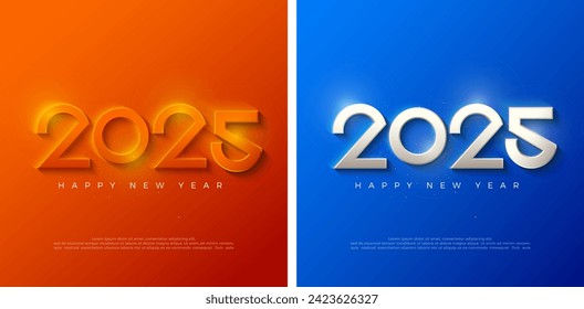 Diseño moderno y 3D Feliz Año Nuevo 2025 con números anaranjados en el fondo diseño premium naranja para discurso, carteles, afiches, calendario o publicaciones en medios sociales.