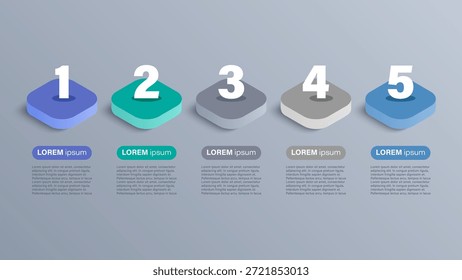 Modelo de infográfico de design 3D moderno com 5 etapas ou processos. Layout de infográficos com objetos e números 3D
