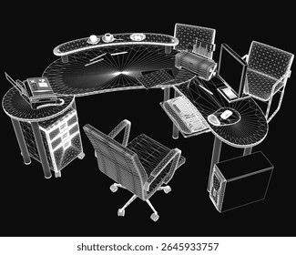 Modern 3D desk model with two sleek chairs and a computer setup, featuring a monitor, keyboard, and mouse on a dark background. The workspace appears professional and contemporary, ideal for office.