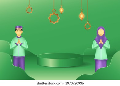 Modern 3d display podium decoration in green background with man and woman praying, clouds. Product presentation suitable for Ramadan, Eid al Adha, Eid al Fitr.