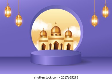 Modern 3d display podium decoration in purple background with realistic clouds and mosque. Product presentation suitable for Ramadan, Eid al Adha, Eid al Fitr.