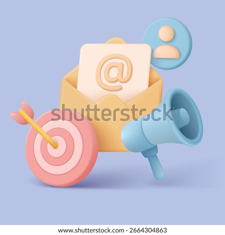 Modern 3d email marketing concept with envelope, target, megaphone, and user icon for digital campaigns, audience engagement, and online communication vector illustration