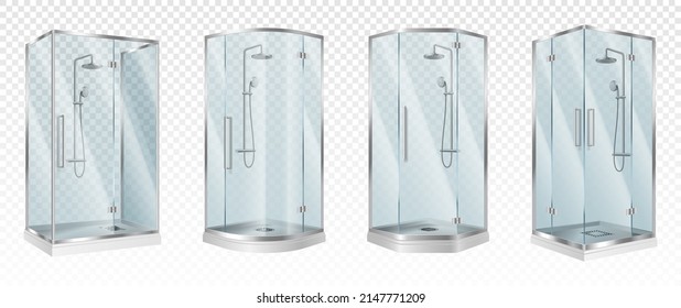 Modern 3d empty corner rounded shower cabin with closed sliding glass door. Realistic style design set. Elegant bathroom element for bath room interior. Vector illustration