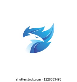 Modern 3D flame, fire and bird phoenix blue logo