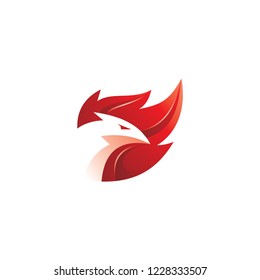 Modern 3D flame, fire and bird phoenix red logo