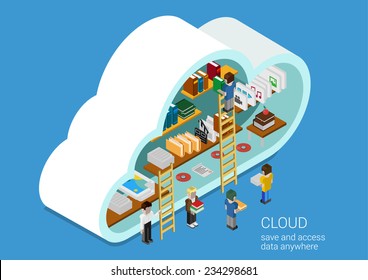 Modern 3d Flat Design Isometric Concept For Cloud Service Online Media File Data Backup Storage. Cloud Shape Library Shelf And People On The Ladders Upload Download Folder Data Disc Information.