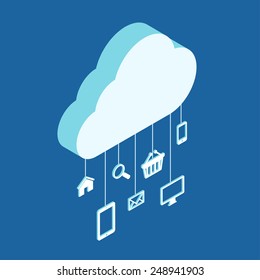 Modern 3d flat design isometric concept for cloud service hosting online media file data backup storage shopping search mail. Cloud shape and icon set on threads.
