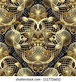 Modern 3d floral greek vector seamless pattern. Geometric fractals background. Gold baroque damask style flowers, scroll leaves, mandalas. Vintage ornament with geometric circles, shapes and elements