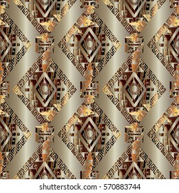 Modern 3d geometric seamless pattern. Abstract luxury surface  background. Elegance wallpaper with vintage antique decorative and geometrical ornaments. Stylish vector texture.