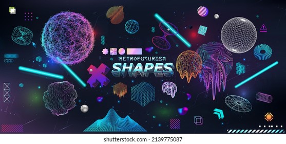 Modern 3D geometric shapes, trendy colors cyberpunk and Retrofuturism elements. 3D Universal geometric memphis and vaporwave shapes with effect glitch and fluid. Memphis elements set 80s - 90s. Vector