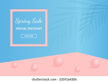 Modern 3d geometry with isometry sale banner with pink frame and balls. Template for designs card, flyer, invitation, party, mobile apps, email, poster, presentations, social media, online shop
