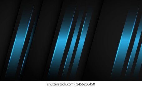 Modern 3d geometry shapes black lines with blue borders on dark background. Luxurious bright blue lines with metal effect style. Vector Illustration