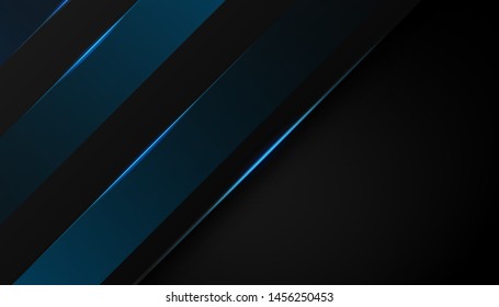 Modern 3d geometry shapes black lines with blue borders on dark background. Luxurious bright blue lines with metal effect style. Vector Illustration