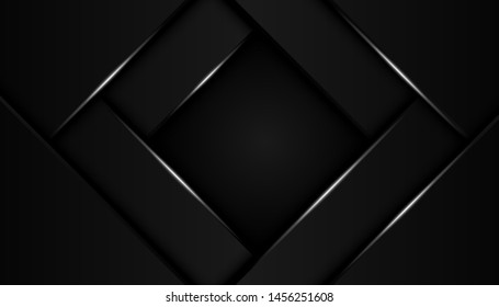 Modern 3d geometry shapes black lines with silver borders on dark background. Luxurious bright silver lines with metal effect style. Vector Illustration