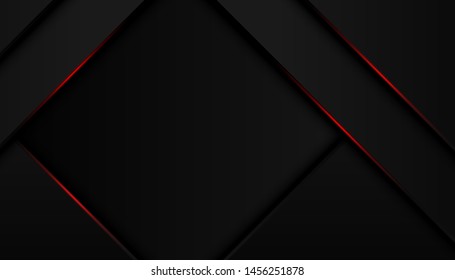 Modern 3d geometry shapes black lines with red borders on dark background. Luxurious bright red lines with metal effect style. Vector Illustration