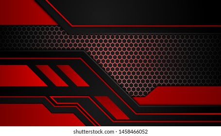 Modern 3d geometry shapes black lines with red borders on dark background. Luxurious bright red lines with metallic effect. Vector Illustration