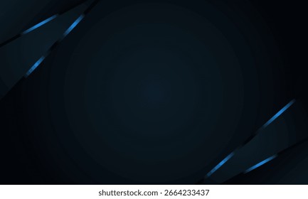 Modern 3d geometry shapes black lines with blue borders on dark background. Luxurious bright blue lines with metal effect style. Vector Illustration
