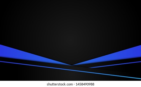 Modern 3d geometry shapes with blue borders on dark background. Luxurious bright blue lines metallic frame layout. Vector Illustration