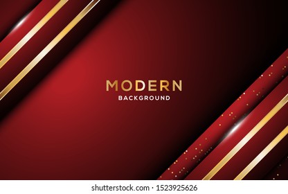 Modern 3d geometry shapes golden lines with red borders on dark background. Luxurious bright red lines with metallic effect. Vector Illustration