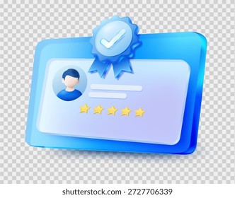 Certificado de vidrio 3D moderno con avatar de perfil de usuario, calificación de 5 estrellas e insignia de marca de verificación de calidad azul. Diseño brillante para la verificación de identidad y el logro profesional. Ilustración vectorial.