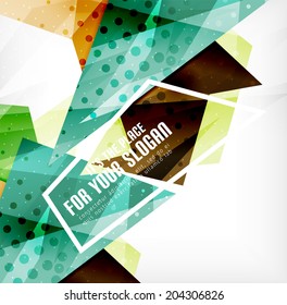 Triángulos modernos 3d brillantes superpuestos en diferentes colores con textura y efectos de luz. Diseño de fondo de folletos empresariales con espacio de copias
