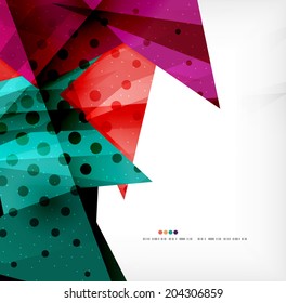 Triángulos modernos 3d brillantes superpuestos en diferentes colores con textura y efectos de luz. Diseño de fondo de folletos empresariales con espacio de copias