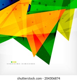 Modern 3d glossy overlapping triangles in different colors with texture and light effects. Business brochure background design with copyspace