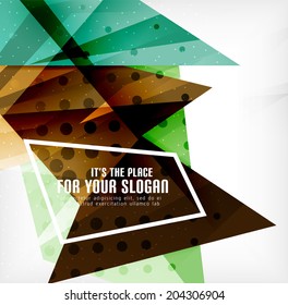 Modern 3d glossy overlapping triangles in different colors with texture and light effects. Business brochure background design with copyspace