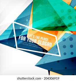 Modern 3d glossy overlapping triangles in different colors with texture and light effects. Business brochure background design with copyspace
