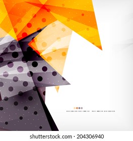 Modern 3d glossy overlapping triangles in different colors with texture and light effects. Business brochure background design with copyspace