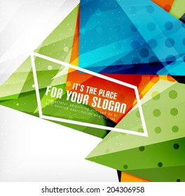 Triángulos modernos 3d brillantes superpuestos en diferentes colores con textura y efectos de luz. Diseño de fondo de folletos empresariales con espacio de copias