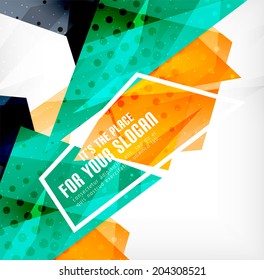 Triángulos modernos 3d brillantes superpuestos en diferentes colores con textura y efectos de luz. Diseño de fondo de folletos empresariales con espacio de copias