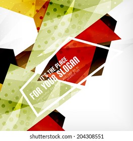 Modern 3d glossy overlapping triangles in different colors with texture and light effects. Business brochure background design with copyspace