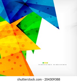 Triángulos modernos 3d brillantes superpuestos en diferentes colores con textura y efectos de luz. Diseño de fondo de folletos empresariales con espacio de copias