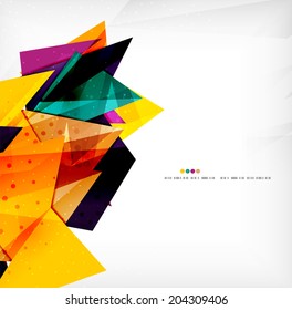 Modern 3d glossy overlapping triangles in different colors with texture and light effects. Business brochure background design with copyspace